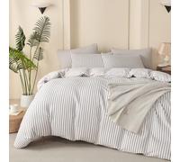 Comforter Queen Set Striped Grey 100% Soft Washed Microfiber Jacquard 3 Pieces Striped Bedding Sets Grey White Comforter Queen for All Seasons and 2 Pillowcases Comfort Breathable