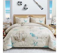 Comforter Set King Size Coastal, Beach Themed Comforters,7 Pieces Ocean Starfish Bed in a Bag Nautical Bedding with Sheets for Spring Summer