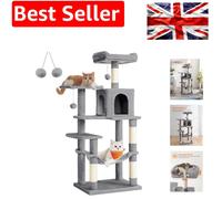 Feandrea Cat Tree Tower, 143 cm Multi-Level Plush Cat Condo with 4 Scratching Posts, 2 Perches, Cave, Hammock, Pompoms, Light Grey PCT161W01
