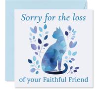 Comforting Sympathy Card - Gentle Condolences - Cat Silhouette with Soft Blue and Purple Leaves - A Thoughtful Way to Show You Care - 145mm Square, Envelope Included
