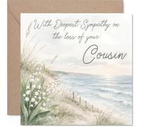 Comforting Sympathy Card - Loss of Cousin - Gentle Comfort in Difficult Times - Serene Coastal Scene with Delicate Flowers - 145mm Square, Envelope Included