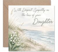 Comforting Sympathy Card - Loss of Daughter - A Gentle Gesture in Difficult Times - Serene Beach and Flowers Motif in Calming Pastels - 145mm Square, Envelope Included