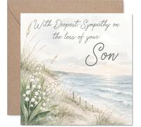 Comforting Sympathy Card - Loss of Son - Gentle Words for a Difficult Time - Serene Beach Scene with Delicate Flowers - 145mm Square, Envelope Included