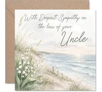 Comforting Sympathy Card - Loss of Uncle - Gentle Words and Serene Coastal Scene - Muted Floral Design for Peaceful Condolences - 145mm Square, Envelope Included