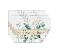 comfoyar Bless Our Home Table Placemats Set of 4, 45x30cm Washable Heat Resistant Green Foliage Place Mats, Absorbent Watercolor Simple Linen Table Mats for Kitchen Dinning Party Decoration