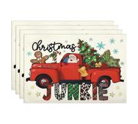 comfoyar Christmas Gnome Trees Placemats Set of 4, 30x45 cm Linen Candy Vintage Red Truck Place Mats with Snowflakes Stars, Xmas Holiday Table Mats for Kitchen Dining Party Table Decoration