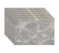 comfoyar Gold Daisy Placemats Set of 6, 30x45cm Non-Slip Vinyl Flower Grey Pressed Place Mats, Washable Waterproof Rectangular Modern Table Mats for Indoor Kitchen Dining Party Table Decoration