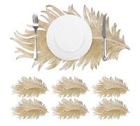 comfoyar Gold Peacock Feather Shaped Placemats Set of 6, 30x51 cm Non-Slip Vinyl Place Mats, Waterproof Washable Oil Proof Table Mats for Indoor Kitchen Dining Party Table Decoration