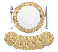 comfoyar Gold Round 3D Floral Placemats Set of 6, 38cm Non-Slip Vinyl Pressed Flower Place Mats, Washable Waterproof Table Mats for Morden Kitchen Dining Party Restaurant Holiday Decoration