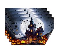 comfoyar Halloween Haunted House Table Placemats Set of 4, 45x30cm Washable Heat Resistant Full Moon Castle Place Mats, Absorbent Pumpkin Ghost Linen Table Mats for Kitchen Dinning Party Decoration