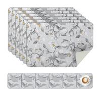 comfoyar PU Leather Placemats and Coasters Set of 6, 30x45cm Non-Slip Heat Resistant Dual-Sided Grey Flower Place Mats, Washable Waterproof Table Mats for Kitchen Dining Party Table Decoration