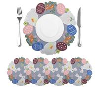 comfoyar Round Easter Placemats Set of 4, 35 cm Embroidered Bunny Eggs Place Mats, Flowers Spring Doilies Table Mats for Party Home Kitchen Dining Table Decoration
