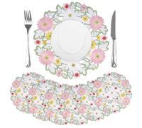 comfoyar Round Embroidered Placemats Set of 6, 39 cm Spring Daisy Flowers Place Mats, Summer Floral Cutwork Doilies Table Mats for Home Kitchen Dining Party Table Decoration