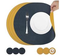 comfoyar Round PU Leather Placemats and Coasters Set of 6, 33cm Non-Slip Dual-Sided Heat Resistant Place Mats, Waterproof Washable Table Mats for Kitchen Dining Party Table Decoration(Blue Yellow)
