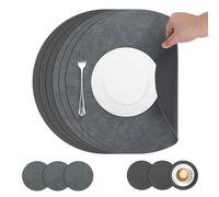 comfoyar Round PU Leather Placemats and Coasters Set of 6, 33cm Non-Slip Dual-Sided Heat Resistant Place Mats, Waterproof Washable Table Mats for Kitchen Dining Party Table Decoration(Grey)