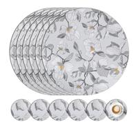 comfoyar Round PU Leather Placemats and Coasters Set of 6, 33cm Non-Slip Heat Resistant Dual-Sided Grey Flower Place Mats, Washable Waterproof Table Mats for Kitchen Dining Party Table Decoration