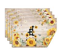 comfoyar Summer Sunflower Gnome Placemats Set of 4, 12x18 Inch Non-Slip Linen Daisy Floral Bee Place Mats, Washable Absorbent Table Mats for Kitchen Dining Party Table Decoration