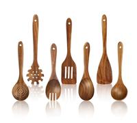 comfoyar Teak Wooden Kitchen Utensil Set, 7 Pcs Kitchen Cooking Utensils Set with Spatula and Ladle, Wooden Spoons for Cooking, Heat Resistant Cookware Accessories for Nonstick Pan