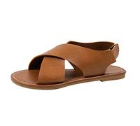 Comfy Ankle Strap Flat Sandals for Women Ladies Summer Solid Color Leather Open Toe Flat Bottom Sandals Soft for Women White Womens Sandles Size 3 (Brown,7)