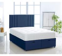 Comfy Deluxe Blue Plush Foot Lift Ottoman Bed With Memory Spring Mattress And Vertical Headboard 4.0Ft Small Double