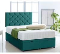 Comfy Deluxe Green Plush Foot Lift Ottoman Bed With Memory Spring Mattress And Studded Headboard 4.0Ft Small Double