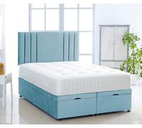 Comfy Deluxe Ice Blue Plush Foot Lift Ottoman Bed With Memory Spring Mattress And Vertical Headboard 4.0Ft Small Double