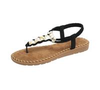 Comfy Flat Sandals for Women Beach Sandals Women's Beaded T Strap Colorful Gemstone Elastic Slingback Flat Ladies Black Size 5 With A Heel Sandels 3 (Black,3.5)