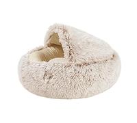Comfy Fluffy Cat Dog Bed, Cuddly Warm Soft Plush Round Hooded Cat Bed Tent Igloo Sleeping Bag - 60CM Brown