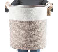 COMFY-HOMI XXL Large Laundry Basket with Handles Blanket Baskets Living Room|Woven Cotton Rope Decorative Basket Laundry Hamper Baby Gift Nursery Dog Toy Storage Organizer Bin-16”x18”-White Brown