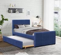 Comfy Living 3Ft Single Fabric Bed Frame With Trundle Bed In Blue Denim