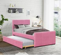 Comfy Living 3ft Single Fabric Bed Frame With Trundle Bed in Grey Pink Brown Or Denim - Pink