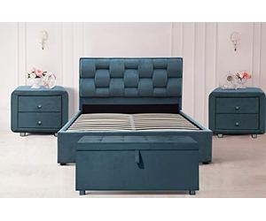 Comfy Living 4ft6 Double Plush Velvet Weaved Headboard Storage Duck Egg Blue Ottoman Bedframe Bedsides Blanket Box (No Bed Side Tables Or A Blanket Box, No Mattress)