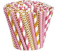 Comfy Package [200 Pack] Hot Pink & Gold Paper Straws Disposable, 100% Biodegradable Multi-Pattern Party Straws for Birthday, Wedding and Holiday Decoration