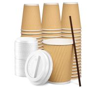 Comfy Package Gusto [12 oz. - 350 ml - 100 Pack] Insulated Kraft Ripple Paper Hot Cups, Disposable Coffee Cups with Lids - Ideal for Hot Drinks, Travel, and Office Use - Formerly