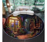 Comfy Washable Living Room Rug 100 cm, Fantasy Magical Study Secret Floral Realm theme, Neutral Light Color Non-Slip Low Pile Carpet- Kids and Pets Friendly for Bedroom Kids Room Children Playroom