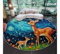 Comfy Washable Modern Living Room Rug 80 cm, Starry Night Style Fawn Enchanted Forest theme, Blue Non-Slip Low Pile Soft Carpet- Kids and Pets Friendly for Bedroom Kids Room Children Playroom
