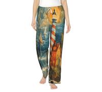 Comfy Women'S The Seaside Lighthouse Print Pajama Pants With Drawstring And Pockets,Lightweight Soft