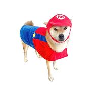 ComfyCamper Hat and Suspenders Dog Costume Puppy Puppies Cat Kitten Pet Outfit Overalls Super Brothers Halloween Accessories, Large, Red