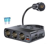 ComfyHarbor Car Socket Power Adapter, 128W Multi Charger, With Type C PD 30W 3 USB QC 3.0 Ports 3 Cigarette-Lighter Outlets LED Digital Display
