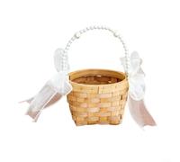 ComfyHarbor Handwoven Willow Flower Basket With Handle And Ribbon, Natural Grass Storage Container For Wedding Floral Arrangements, Picnic, Camping, Home Decor, Beige White(a)