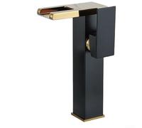 ComfyHarbor Modern Bathroom LED Waterfall Basin Mixer Tap With Colour Changing Lights, Single Handle Hot And Cold Solid Brass Sink Faucet In Black And Gold Finish