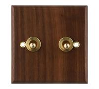 ComfyHarbor Retro Walnut Wood Light Switch Plate For Toggle With Brass Lever For 1/2 Way Wall Control, Handmade Decorative Electrical Outlet Cover, 86X86 MM Brown Panel(2 Gang)