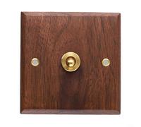 ComfyHarbor Retro Walnut Wood Light Switch Plate For Toggle With Brass Lever For 1/2 Way Wall Control, Handmade Decorative Electrical Outlet Cover, 86X86 MM Brown Panel(1 Gang)