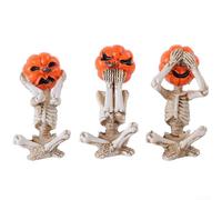ComfyHarbor Set of 3 Decorative Pumpkin Skull Figurines See Hear Speak No Evil Skeleton Table Ornaments Indoor Halloween Display Statues Collection
