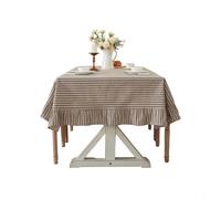 ComfyHarbor Striped Linen Blend Tablecloth, With Ruffle Hem, Dustproof Polycotton Cloth, For Rectangle Dining Table, Coffee Table, Farmhouse Decor(Brown)
