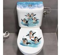 ComfyHarbor Waterproof Penguin Wave Toilet Sticker, Self-Sticky PVC Bathroom Decor, Modern Cartoon Design for Tank and Cover, Blue 30x60cm Size