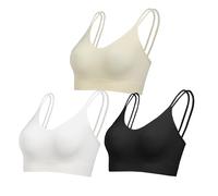 Comfyin Unpadded Bralettes for Women with Support Seamless Sleep Bras V Neck Sports Bras Non Wired Ribbed Underwear,Black+Beige+White,L