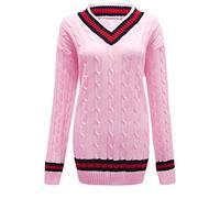 COMFYLOT & KK TRADERS MCR LTD® Ladies V Neck Cable Knitted Cricket Jumper - Womens Stretch Long Sleeve Stripe Top Sweatshirt (Pink, 24-26)