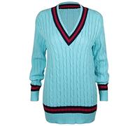 COMFYLOT & KK TRADERS MCR LTD® Ladies V Neck Cable Knitted Cricket Jumper - Womens Stretch Long Sleeve Stripe Top Sweatshirt (Turquoise, 20-22)