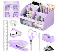 COMFYROOM Desk Accessories with Pen Holder, Office Supplies Desk Organizers and Accessories, Tape Dispenser, Stapler, Staple Remover, Staples, Clips Set, Ruler, Scissor, Pen, Tape (Purple)